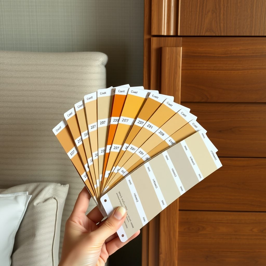 Carta de colores abierta junto al tejido de un cabecero y la madera de nogal de una habitación de hotel