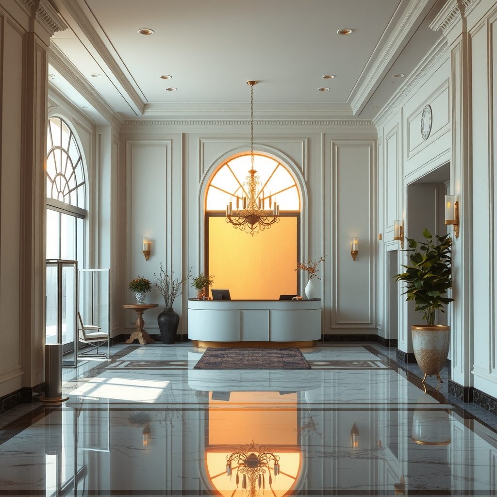 Lobby de hotel a las siete de la mañana, recién pintado, sin rastro del trabajo nocturno