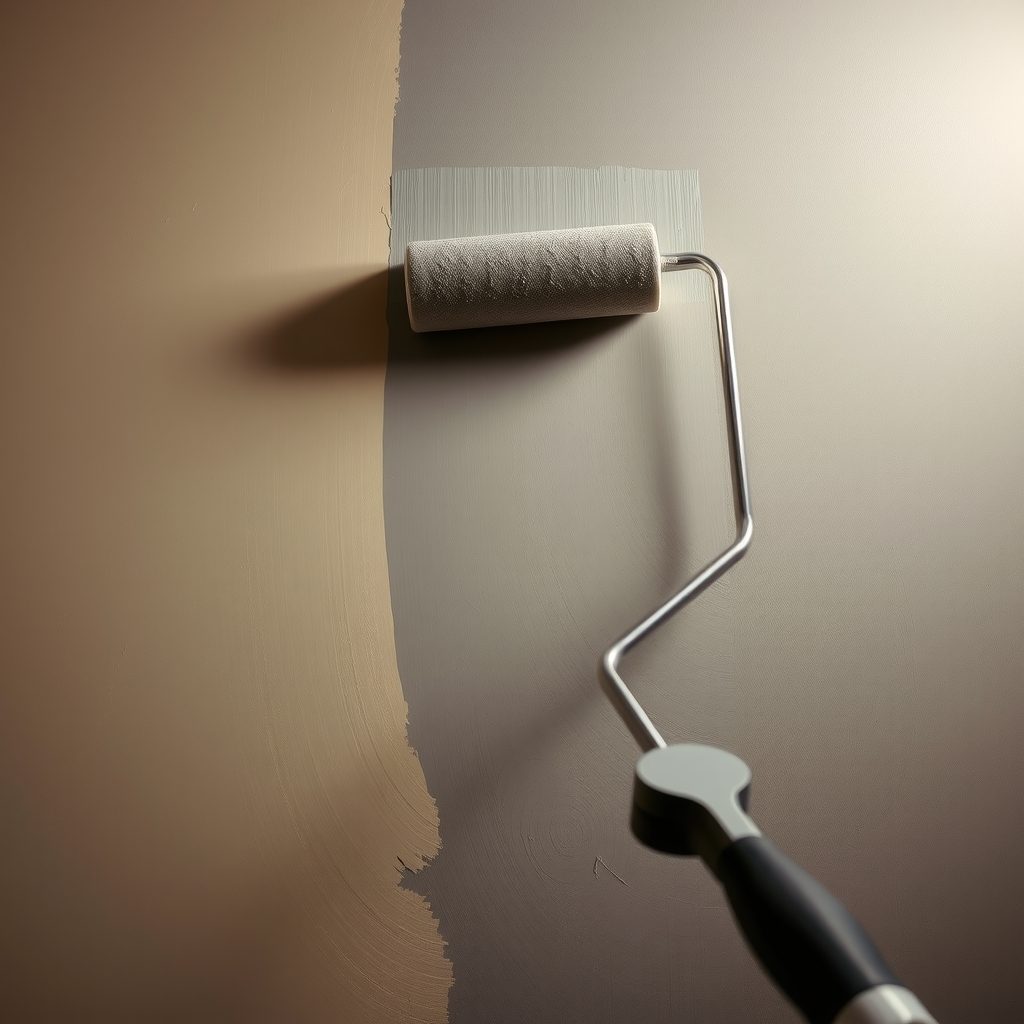 Primer plano de un rodillo aplicando pintura al agua mate sobre una pared de hotel