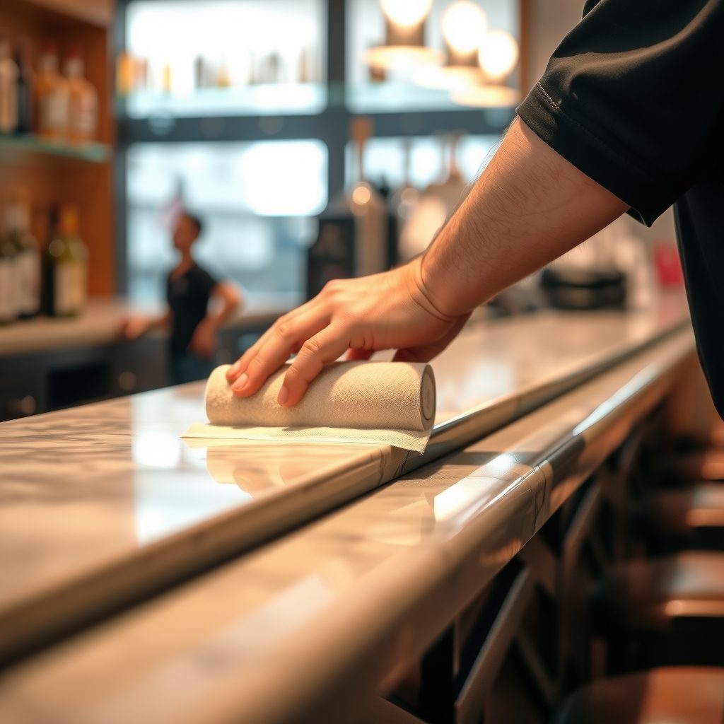 Mano puliendo a mano el canto de mármol de una barra de bar de hotel