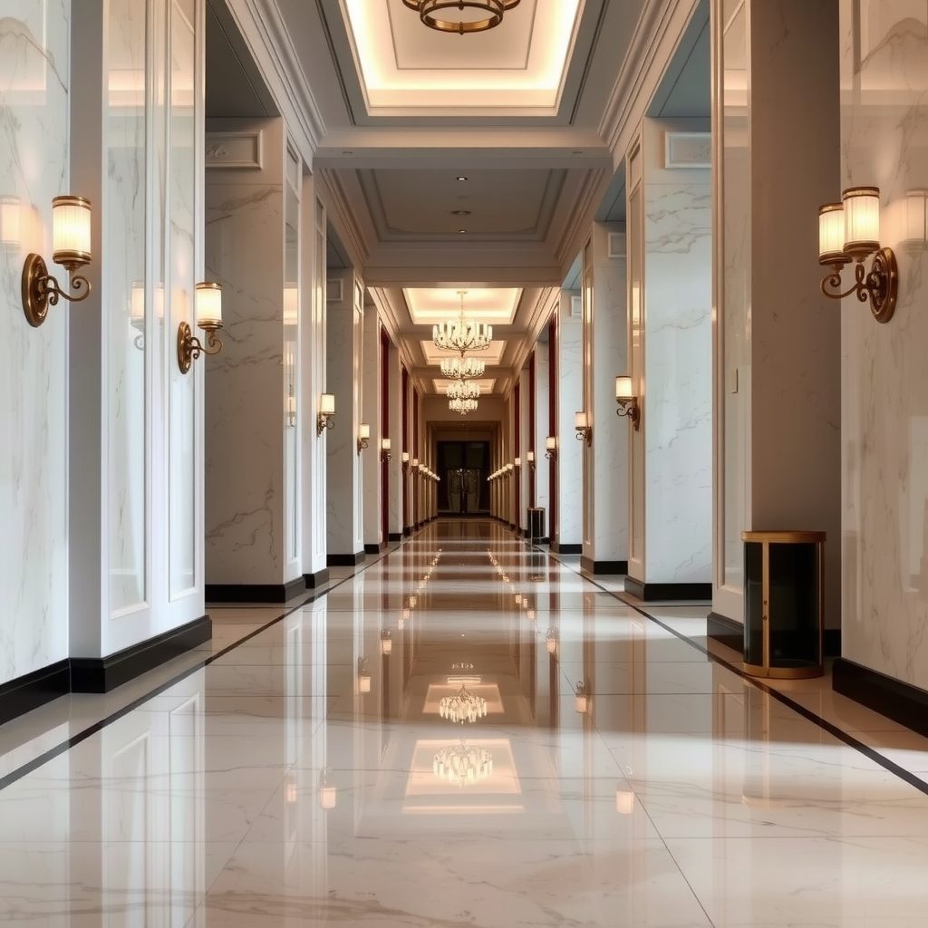 Pasillo de hotel con el suelo de mármol pulido reflejando los apliques de latón de las paredes
