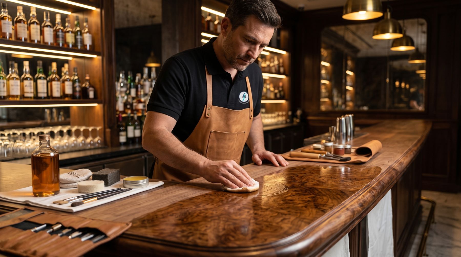 Ebanista de Dyserco restaurando la barra de madera del bar de un hotel