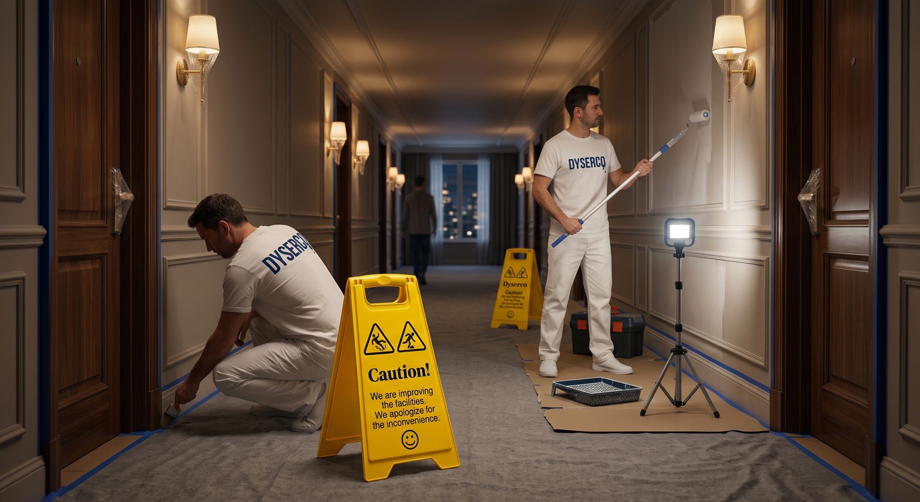 Dos pintores de Dyserco pintando de noche un pasillo de hotel con las puertas protegidas y la señal amarilla