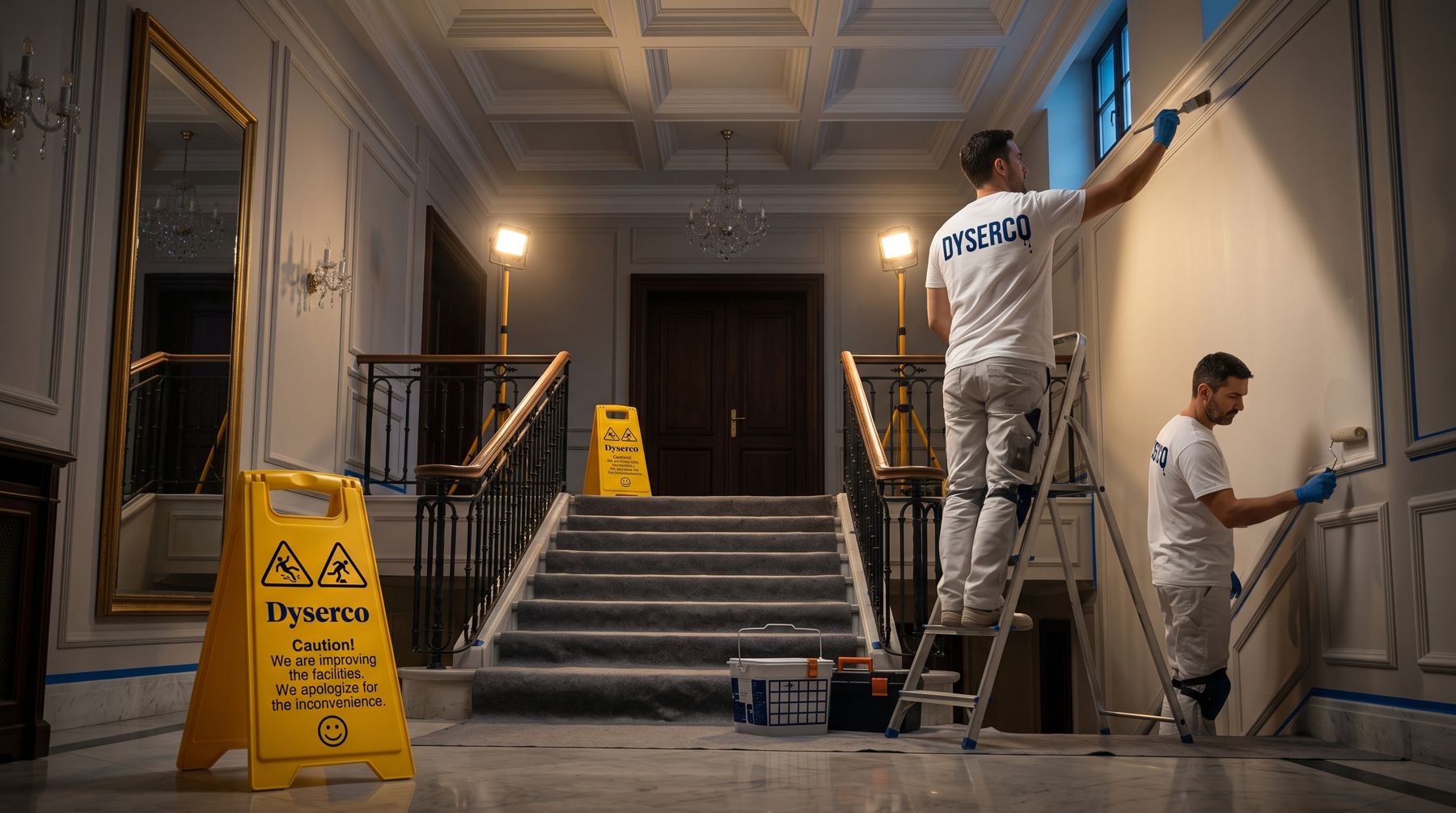 Pintores de Dyserco en la escalera noble de un hotel, con la barandilla y la moqueta protegidas