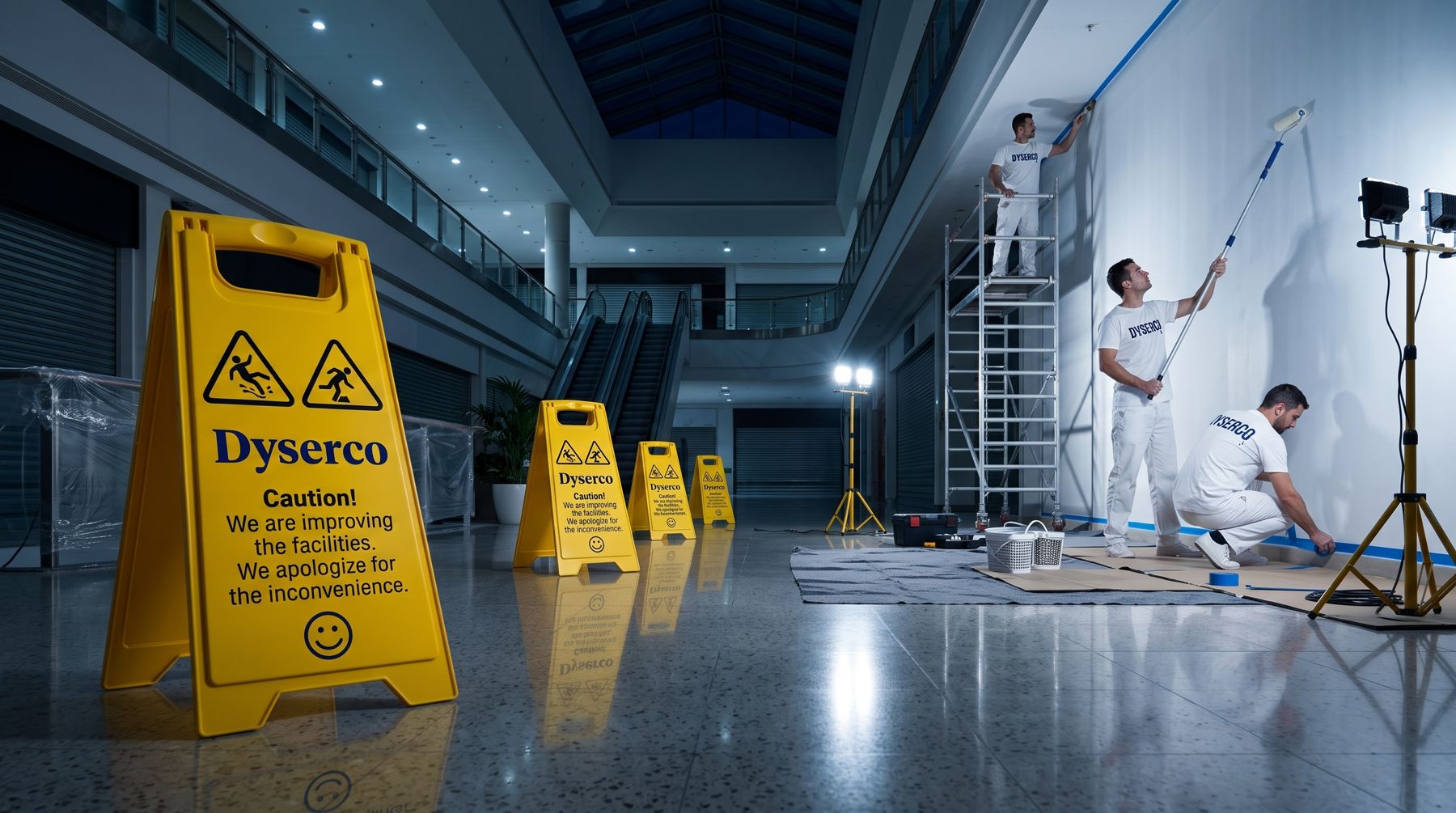 Pintores de Dyserco trabajando de noche en un centro comercial cerrado con focos de trabajo