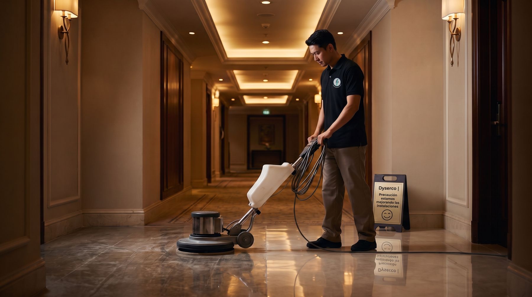Pulido en seco de un pasillo de hotel con la máquina monodisco y la señal amarilla de Dyserco